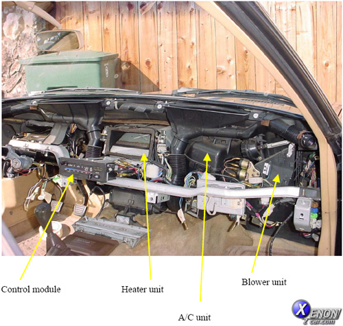 Dash removed showing heater, AC, and blower